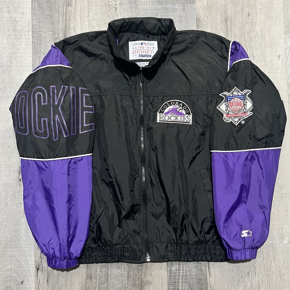 VTG Colorado Rockies Starter Windbreaker MLB Jacket Black/Purple Youth XL Womens